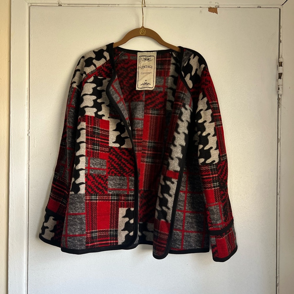 Vintage Concept Plaid Red Black Open Front Cardigan Size Medium Winter Holiday